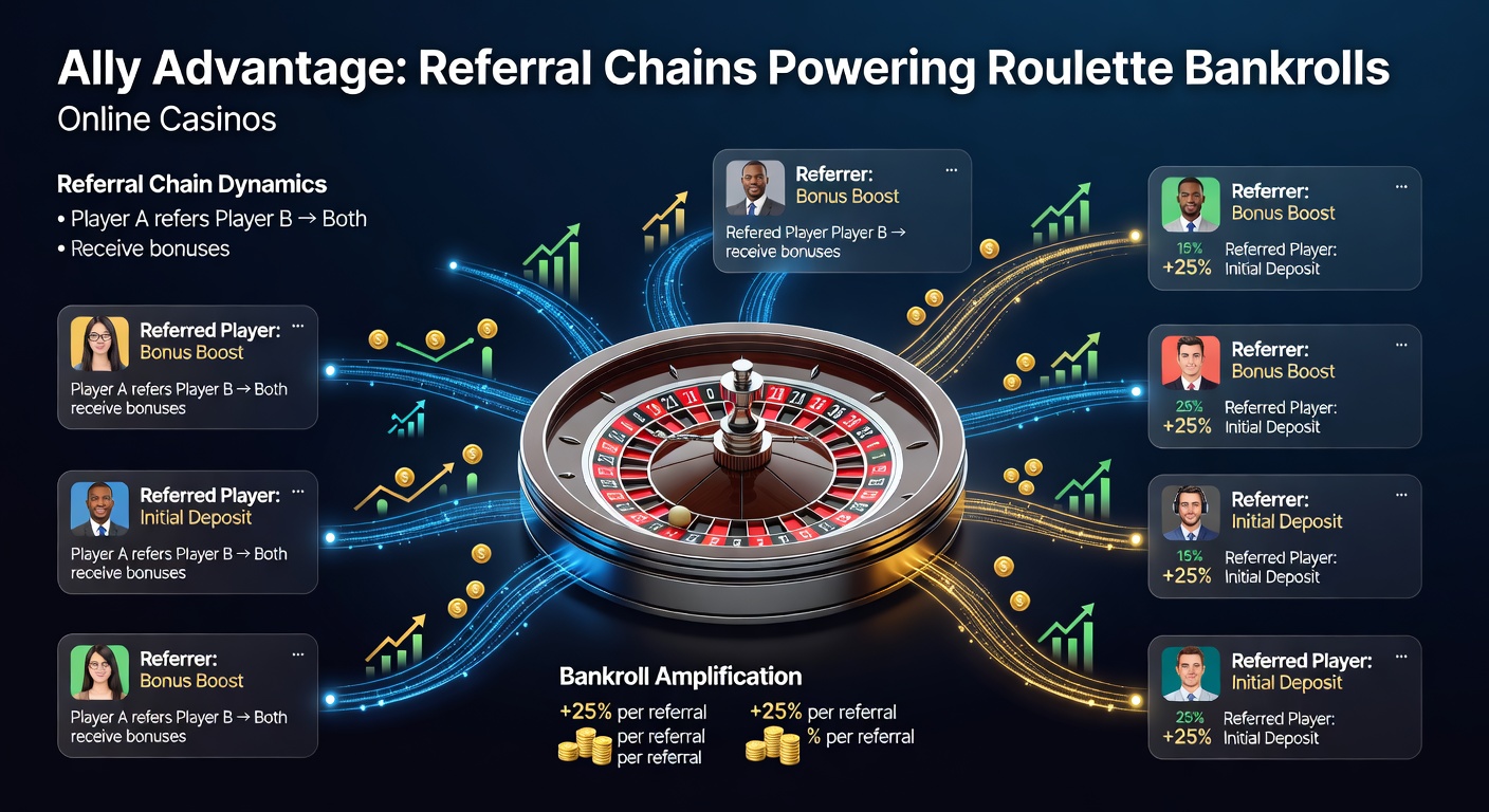 Dynamic graphic showing referral chain cascades extending roulette sessions with stacked bonus chips