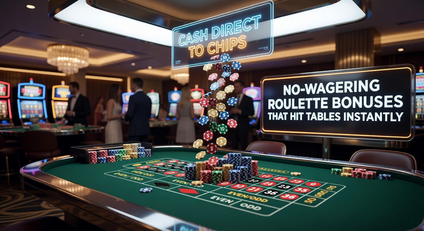 Vibrant roulette wheel spinning with stacks of colorful chips piled high, symbolizing instant bonus credits landing on the table