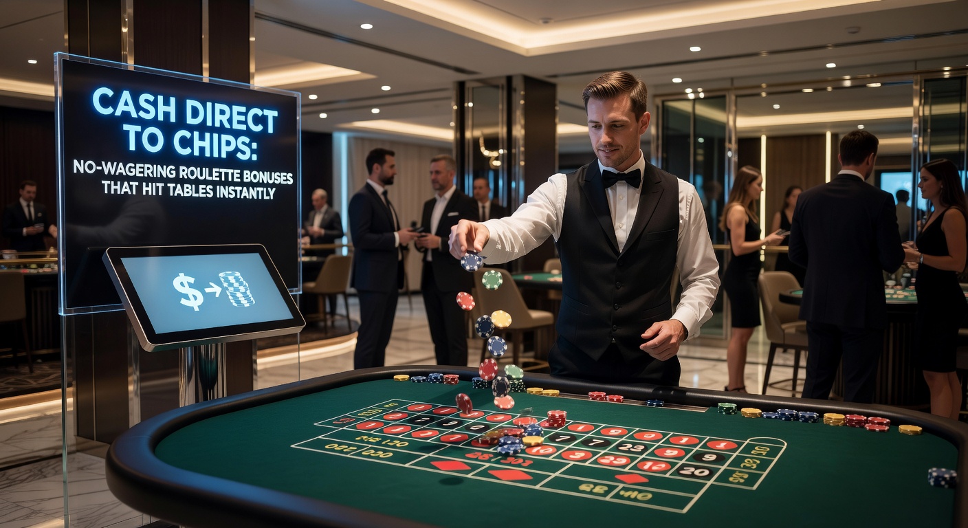 Close-up of a mobile screen showing instant roulette bonus chips credited, with a dealer at a live table in the background