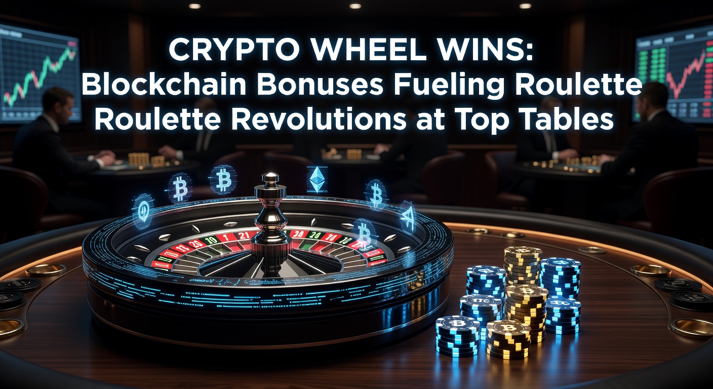 Digital roulette wheel glowing with blockchain nodes and cryptocurrency symbols orbiting the table, highlighting crypto bonuses in action