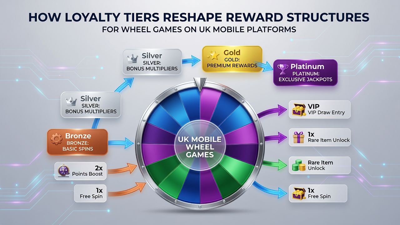 Mobile device displaying tiered reward dashboard for wheel games with active bonuses and progress bars