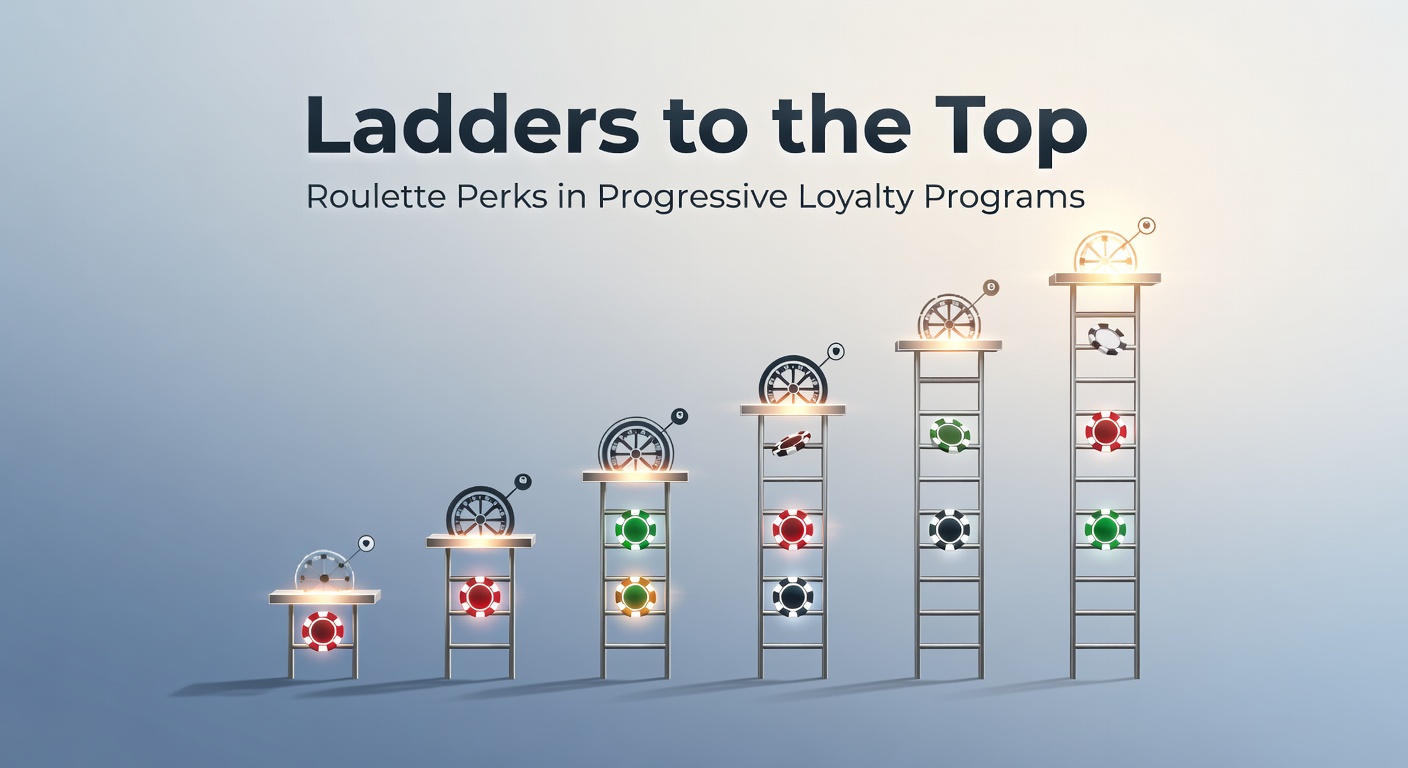 Visual representation of a glowing loyalty ladder ascending through casino tiers, with roulette wheels at each level symbolizing escalating perks