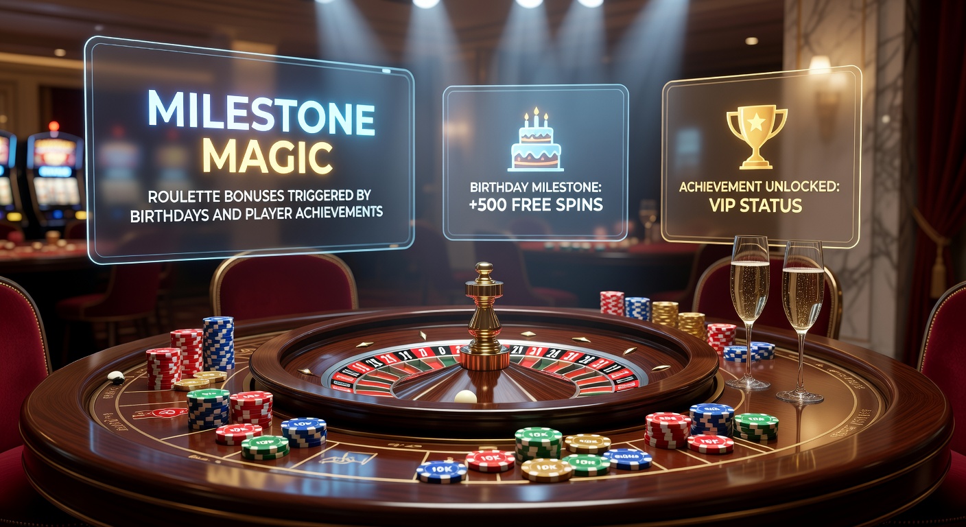 Vibrant roulette wheel spinning with celebratory confetti and milestone badges highlighting birthday cakes and achievement trophies