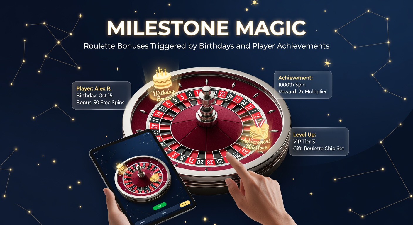 Player dashboard screenshot displaying birthday bonus notification alongside achievement badges for spin milestones and win streaks on a roulette game interface