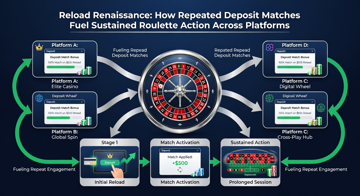 Collage of multiple casino apps displaying active reload notifications for roulette, including mobile screens with live tables and bonus meters