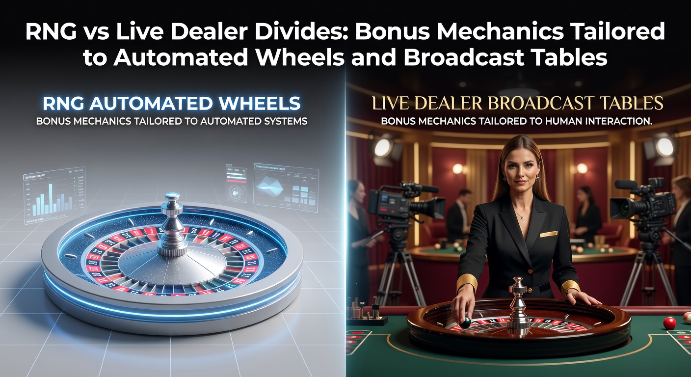 Split-screen graphic contrasting digital RNG roulette wheel simulations with live dealer broadcast tables in action, highlighting bonus icons overlayed on each