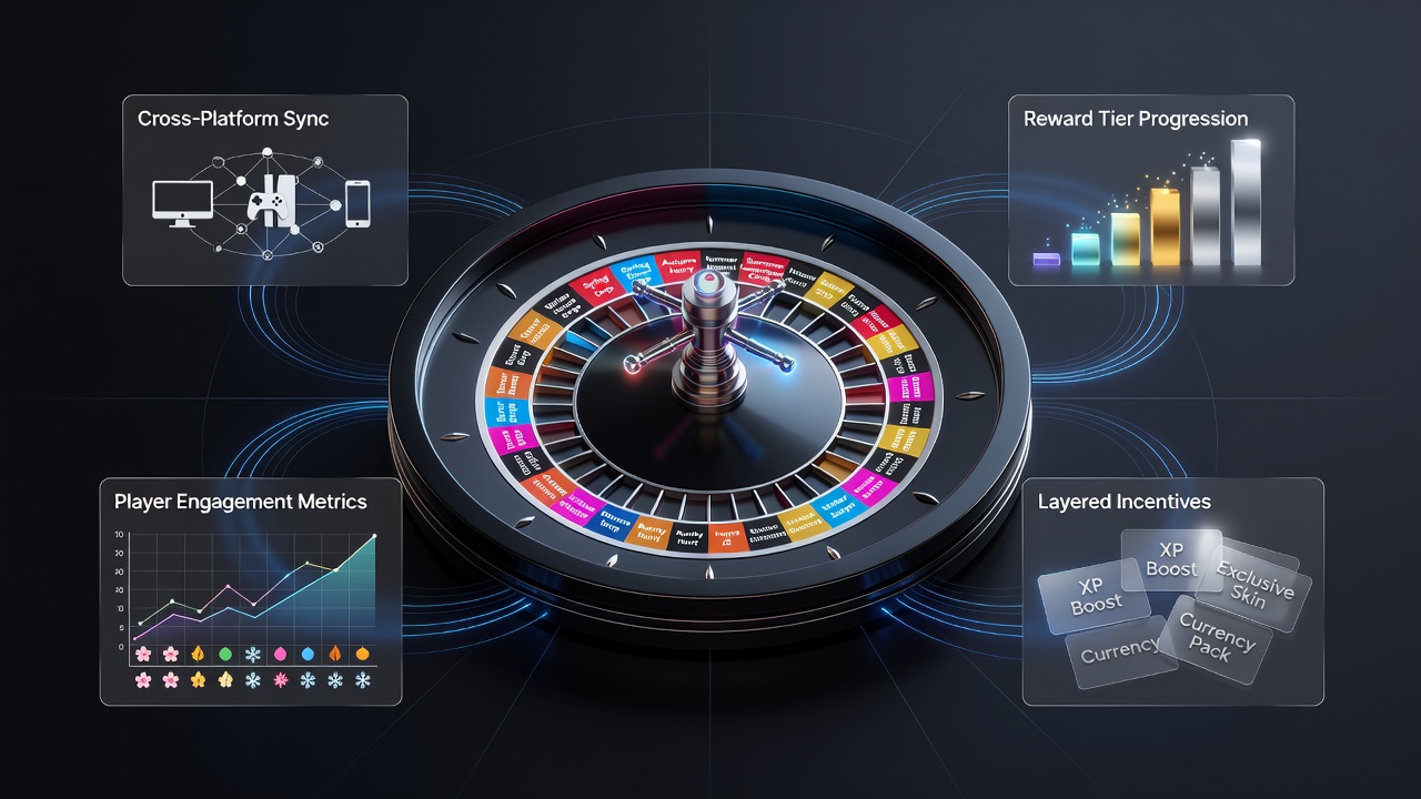 Layered roulette bonus interface displaying cross-device synchronization on tablet and smartphone screens