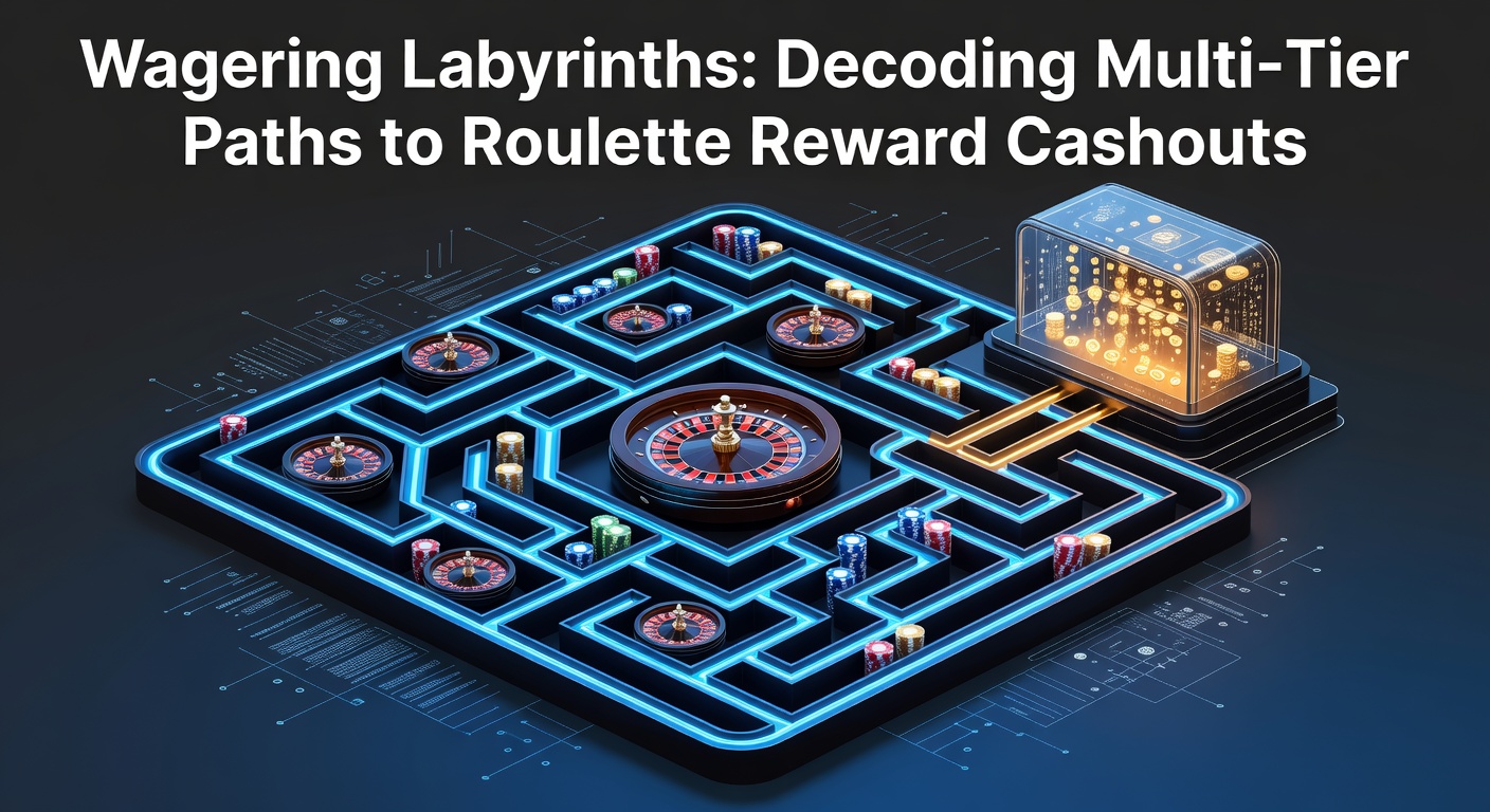 Illustration of a complex maze representing multi-tier wagering requirements in online roulette bonuses, with paths leading to a cashout treasure at the center