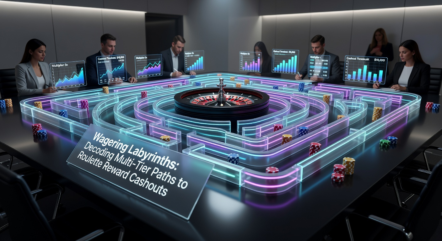 Diagram showing layered tiers of a wagering requirement flowchart for roulette bonuses, with arrows depicting contribution rates and cashout endpoints