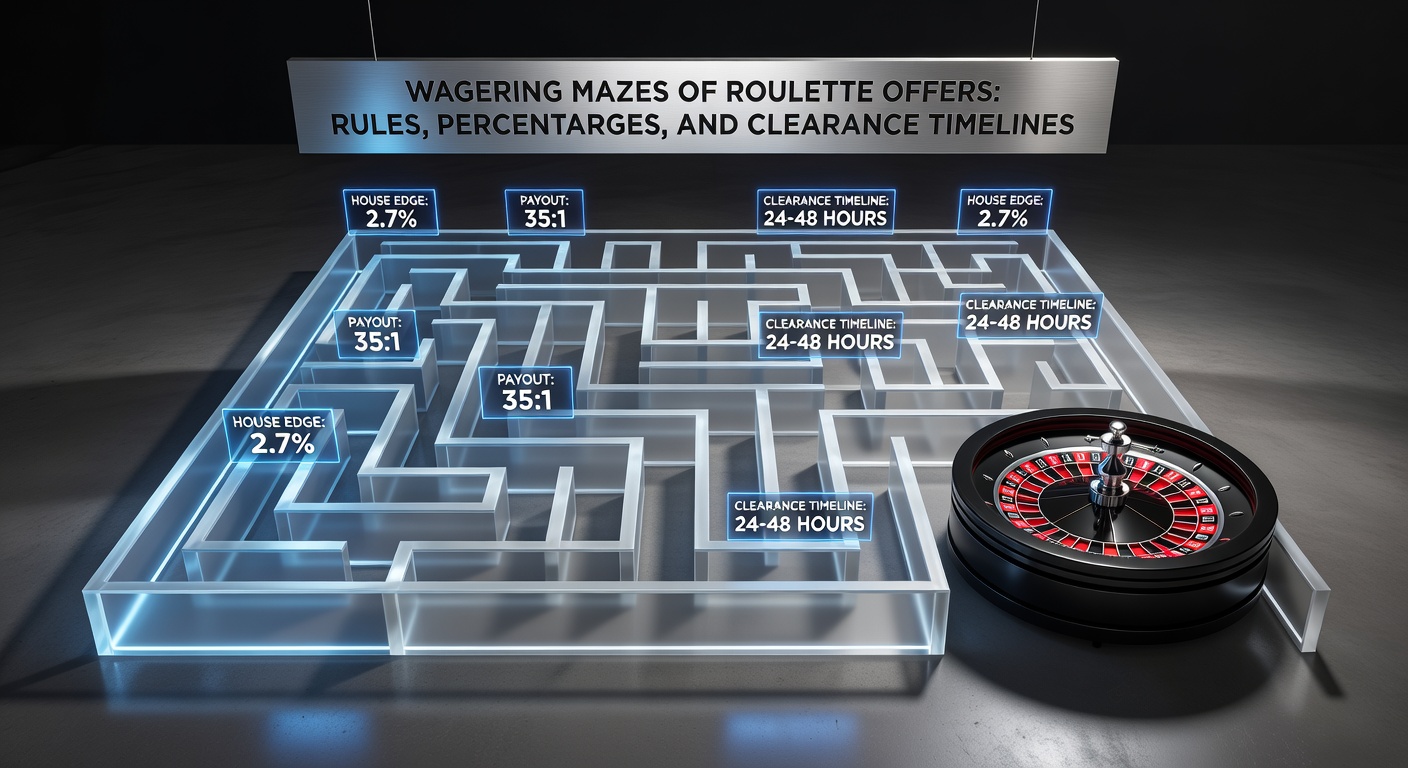 A intricate maze symbolizing the complex paths of wagering requirements in roulette promotions, with roulette wheels hidden at various turns